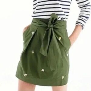 J. Crew | Olive Green Embroidered Floral Bow Tie Skirt Size 00 XXS XS